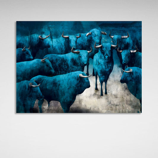 Blue bulls on a gray background Canvas Wall Art Print