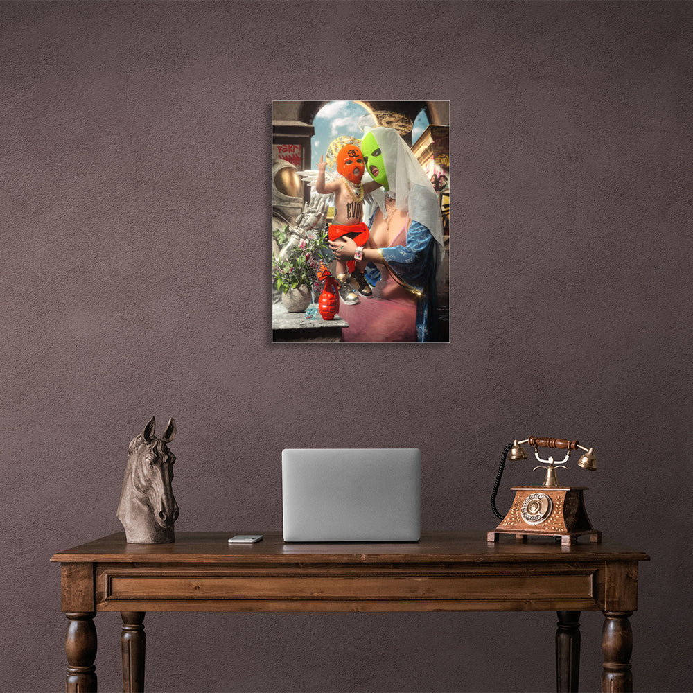 Painting on canvas interior girl and angel in balaclavas Canvas Wall Art Print