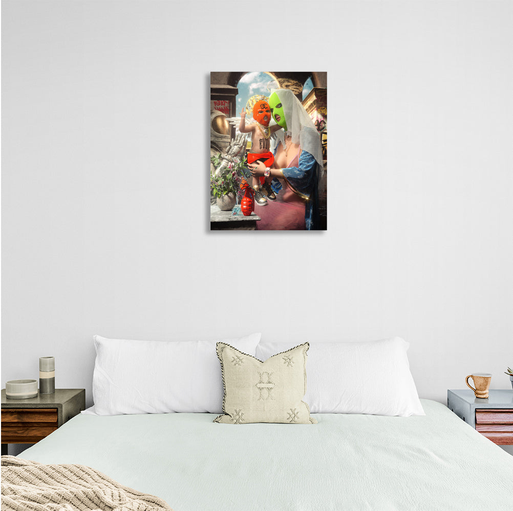 Painting on canvas interior girl and angel in balaclavas Canvas Wall Art Print