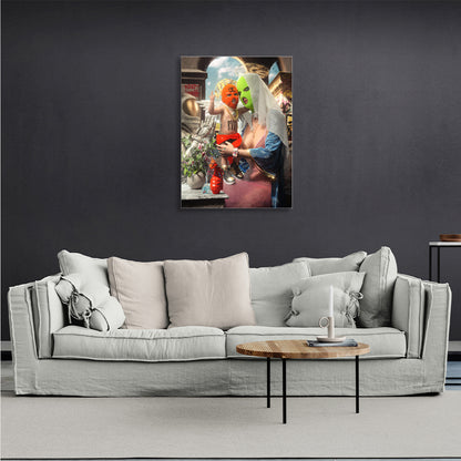 Painting on canvas interior girl and angel in balaclavas Canvas Wall Art Print