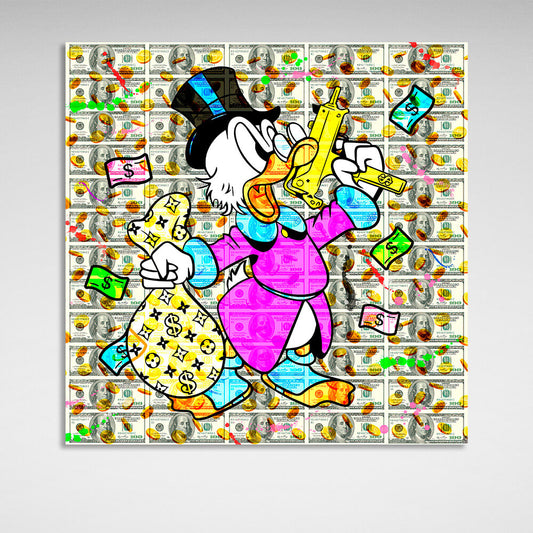 Scrooge with a bag of money and a gun Inspirational Canvas Wall Art Print