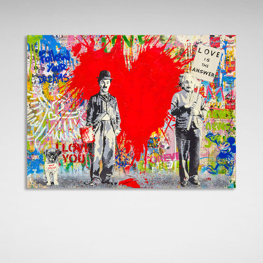 Graffiti-style canvas painting of Charlie Chaplin and Einstein Canvas Wall Art Print