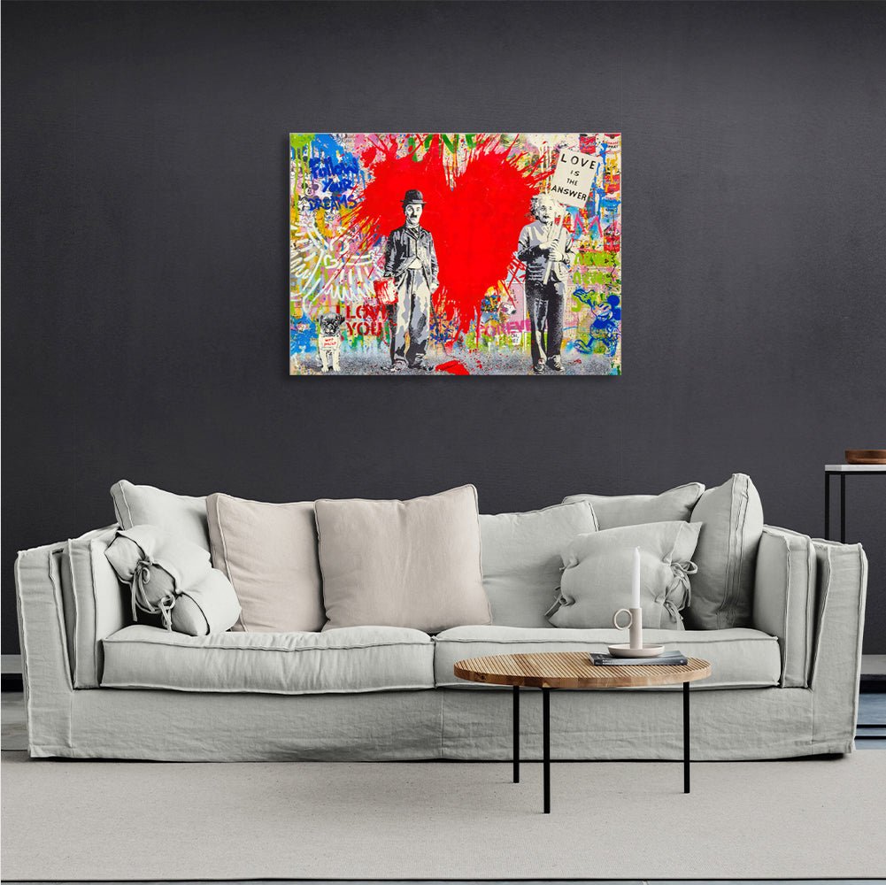 Graffiti-style canvas painting of Charlie Chaplin and Einstein Canvas Wall Art Print