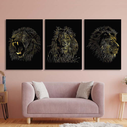 Multi Panel Canvas Wall Art Print Lion's head on a black background