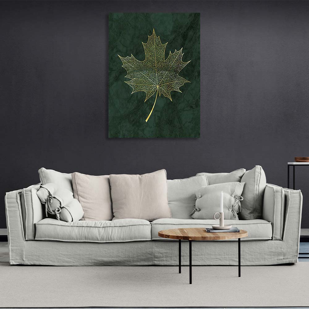 Canvas Wall Art Print Golden maple leaf on dark green background