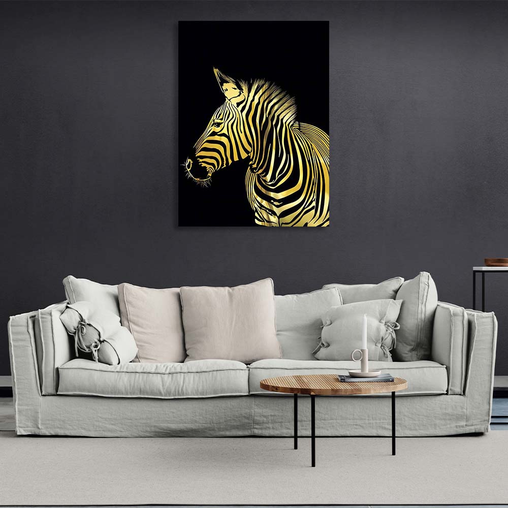 Canvas Wall Art Print Golden zebra on black background