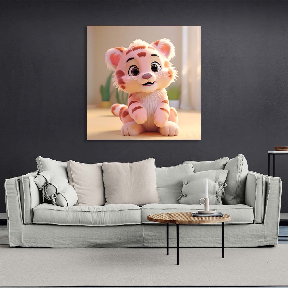 To the children's room A tiger cub against a background of indoor flowers Canvas Wall Art Print