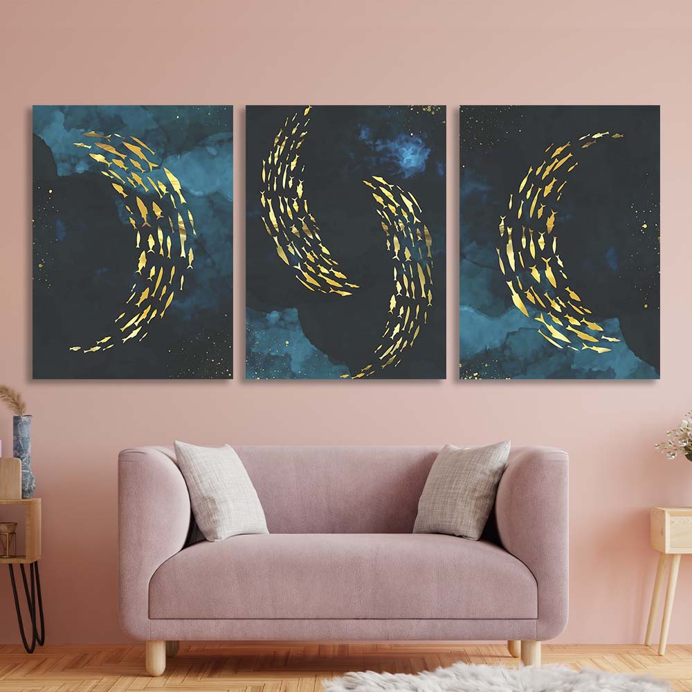 Multi Panel Canvas Wall Art Print Golden fish on a blue background