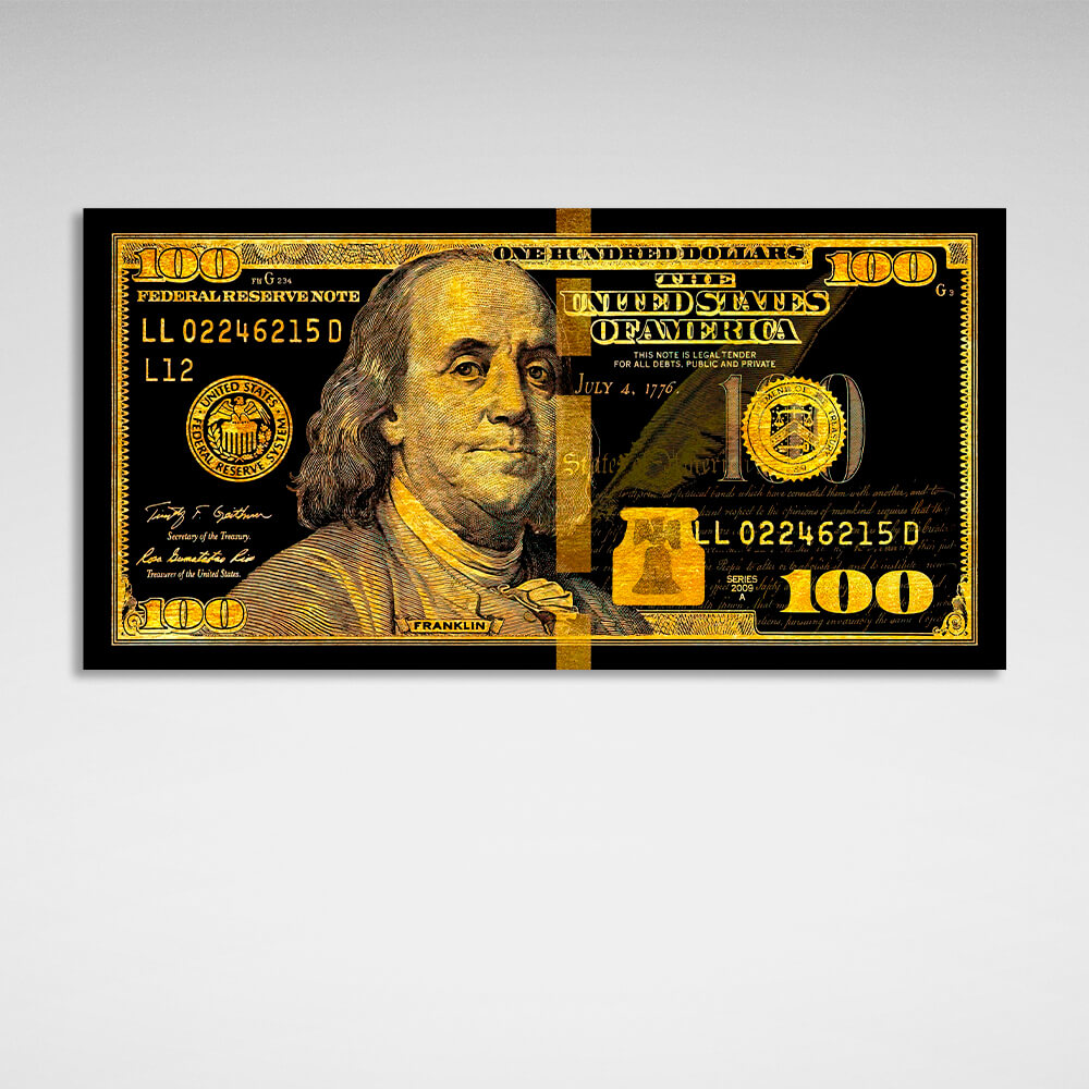 100 Dollar Bill Black And Gold Motivational Canvas Wall Art Print