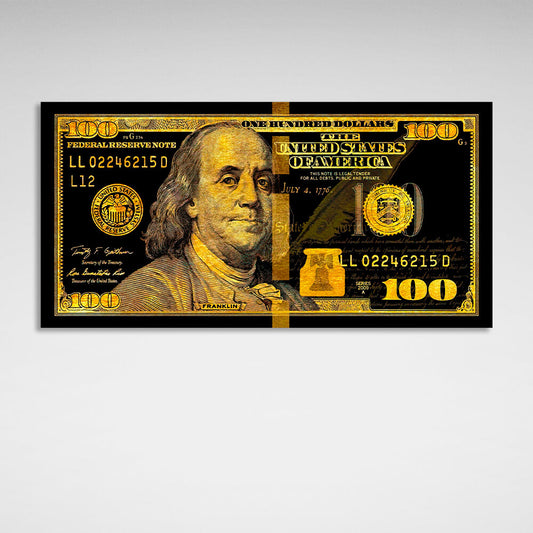 100 Dollar Bill Black And Gold Motivational Canvas Wall Art Print