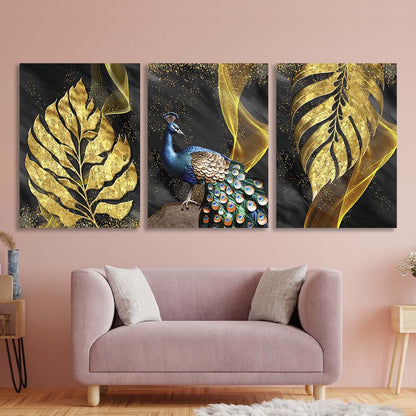 Multi Panel Canvas Wall Art Print Peacock in golden leaves