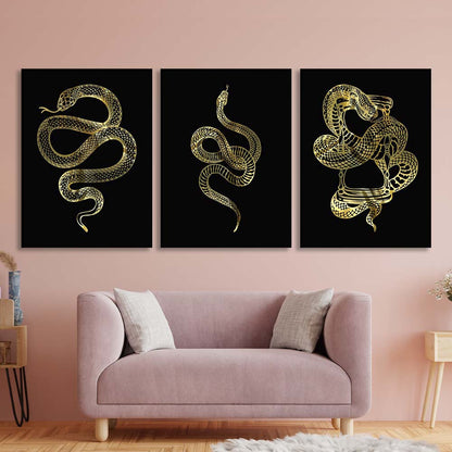 Multi Panel Canvas Wall Art Print Golden snakes on a black background