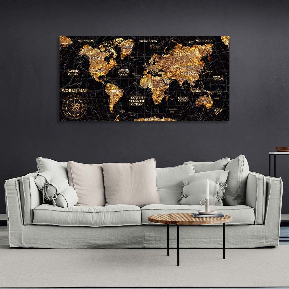 Canvas Wall Art Print Map of the New World black with gold 2