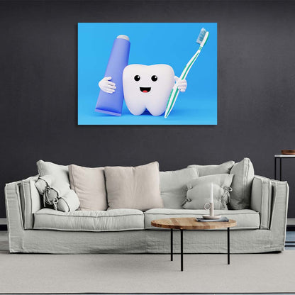 For dentistry tooth with brush and paste on blue background Canvas Wall Art Print