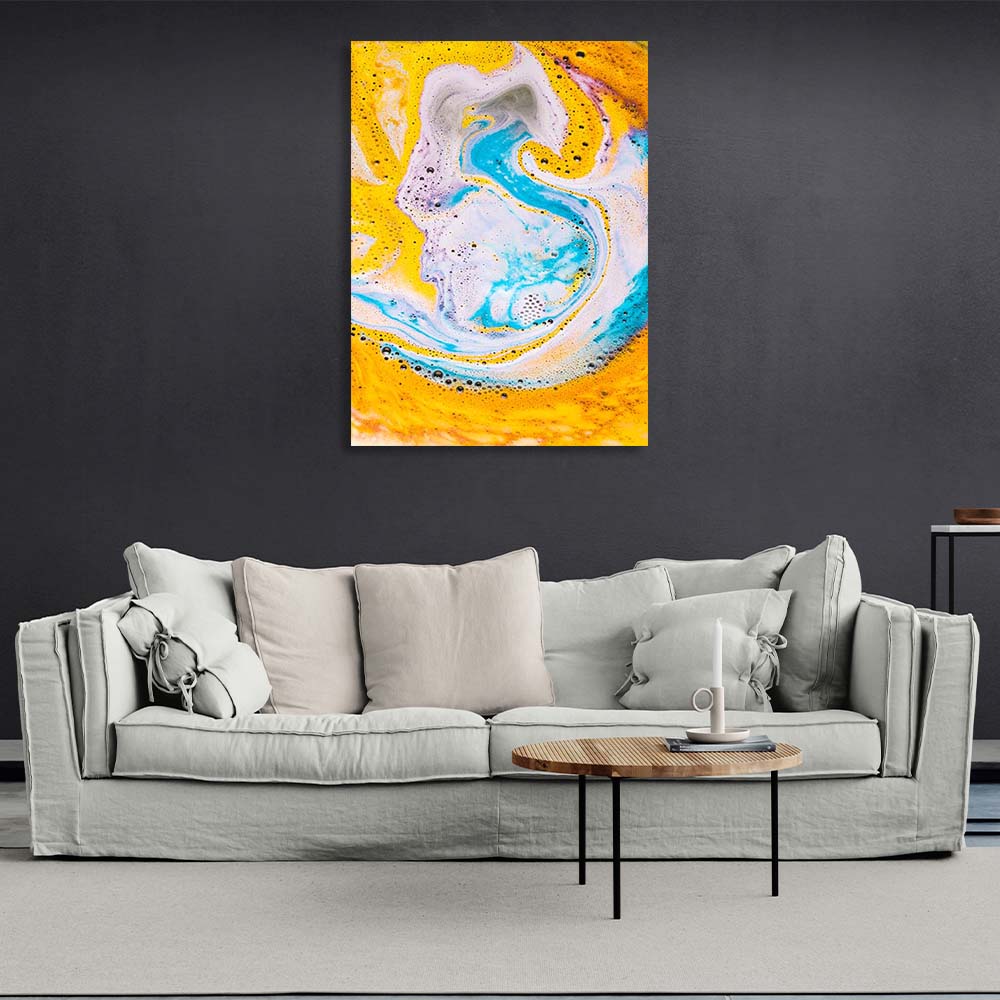 Abstraction Canvas Wall Art Print Yellow-blue paint divorces on water