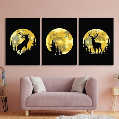 Multi Panel Canvas Wall Art Print Stag on the background of the golden moon