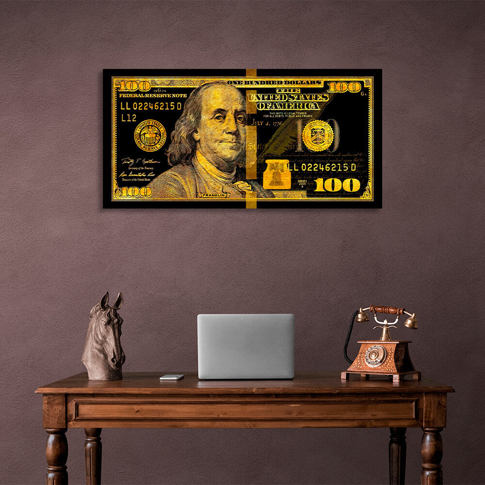 100 Dollar Bill Black And Gold Motivational Canvas Wall Art Print