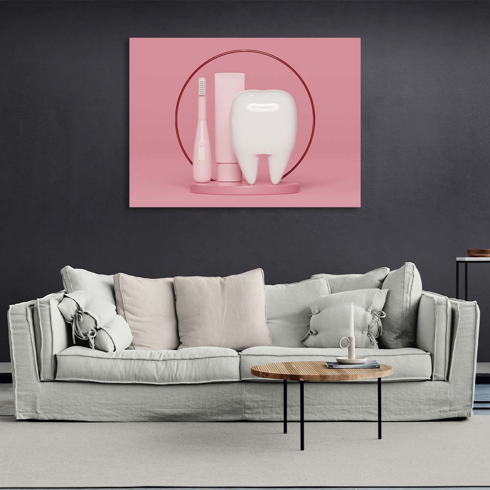 For dentistry tooth with brush and paste on pink background Canvas Wall Art Print