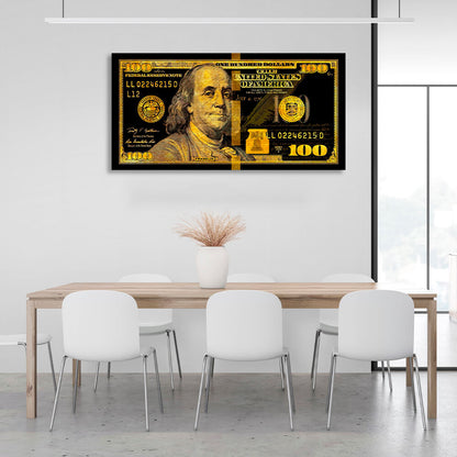 100 Dollar Bill Black And Gold Motivational Canvas Wall Art Print