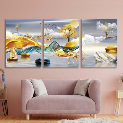 Multi Panel Canvas Wall Art Print Golden deer on the background of hills