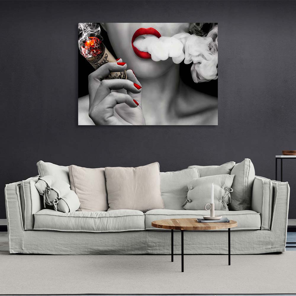 Canvas Wall Art Girl with a cigar of 100 dollars