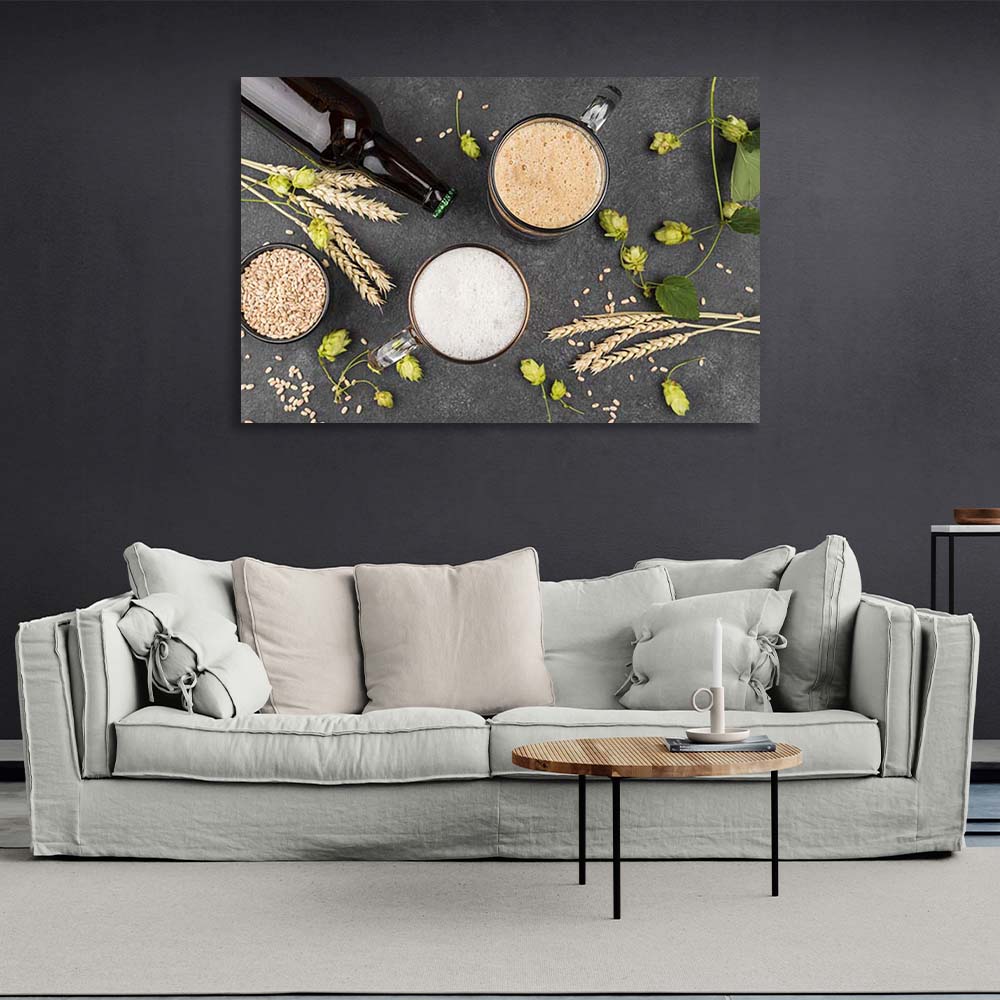 Canvas Wall Art Print For Kitchen 2 mugs of beer, hops and malt