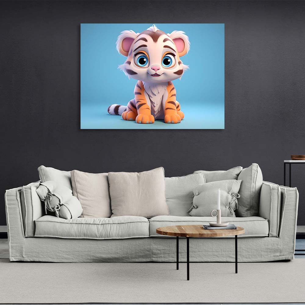 Canvas Wall Art Print Tiger cub with blue eyes on a blue background