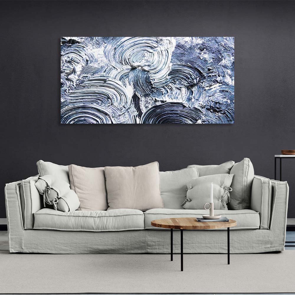 Abstraction Canvas Wall Art Print Blue strokes on white paint horizontal