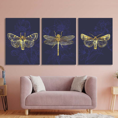 Multi Panel Canvas Wall Art Print Golden butterflies on dark blue background