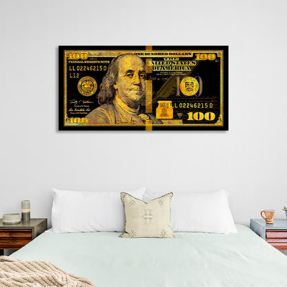 100 Dollar Bill Black And Gold Motivational Canvas Wall Art Print