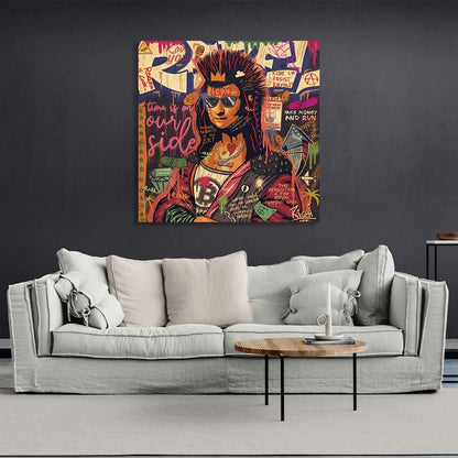 Pop art Gioconda with a Mohawk and bitcoin Canvas Wall Art Print