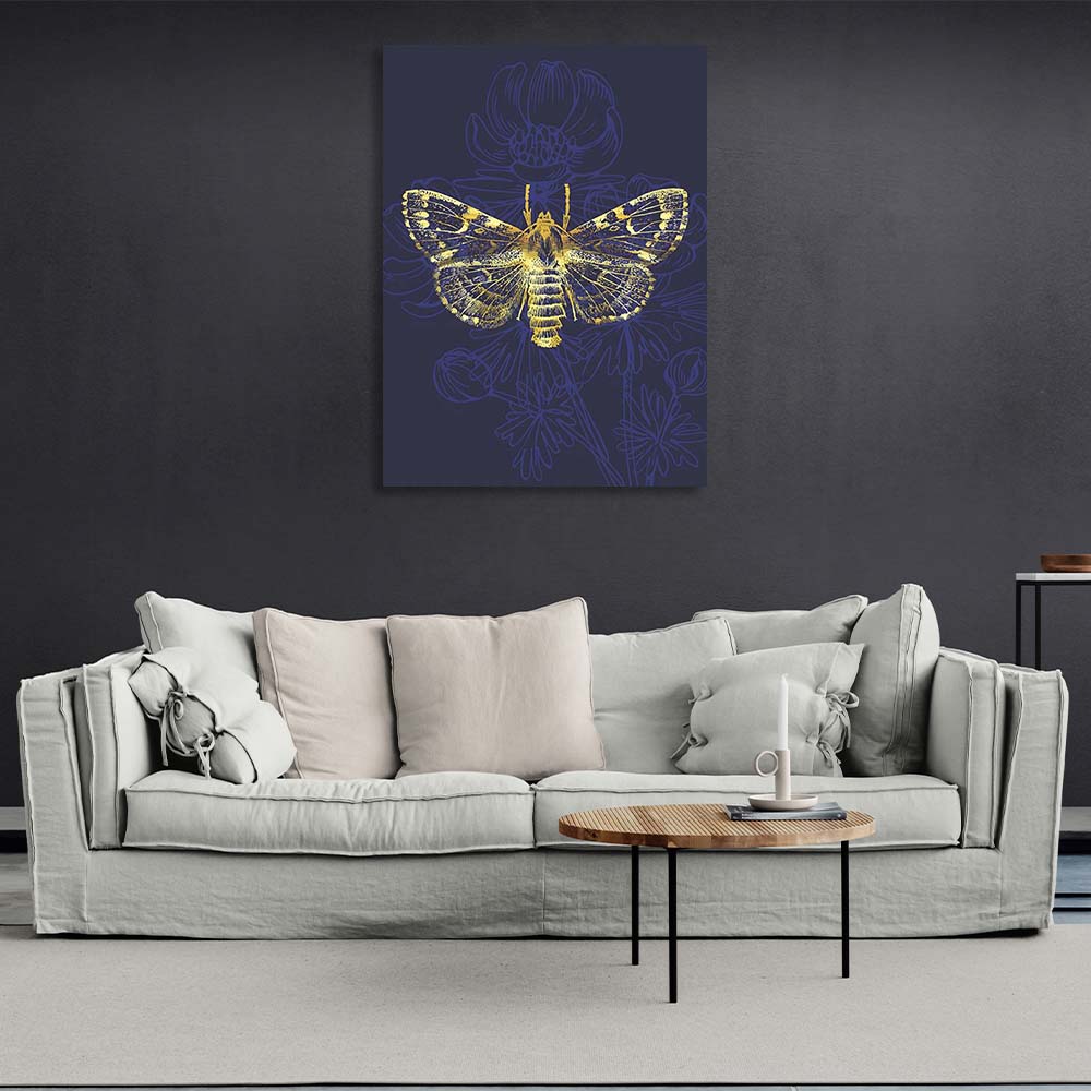 Canvas Wall Art Print Golden moth on dark blue background