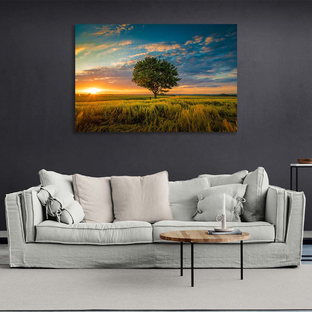 Canvas Wall Art Print Tree in the middle of a field at sunset