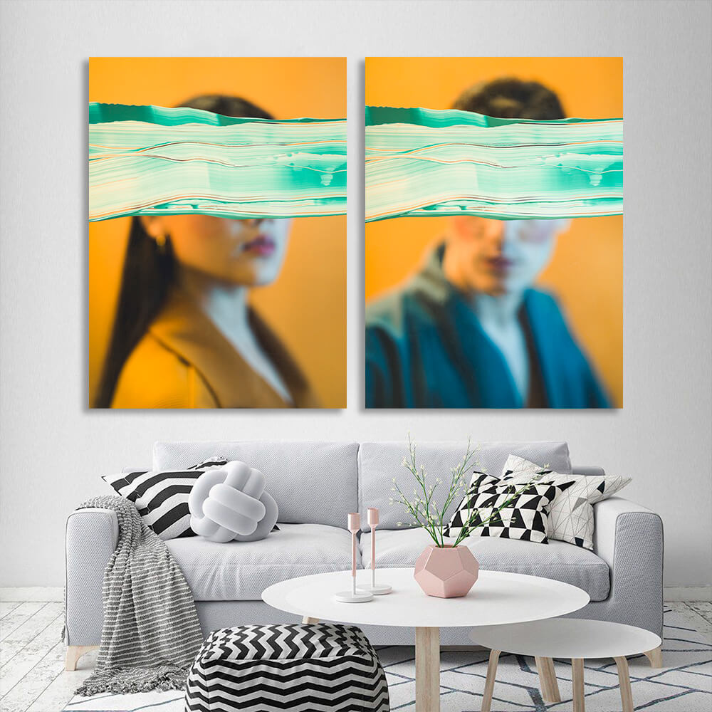 A guy and a girl on a mustard background Multi Panel Canvas Wall Art Print