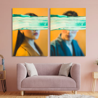 A guy and a girl on a mustard background Multi Panel Canvas Wall Art Print