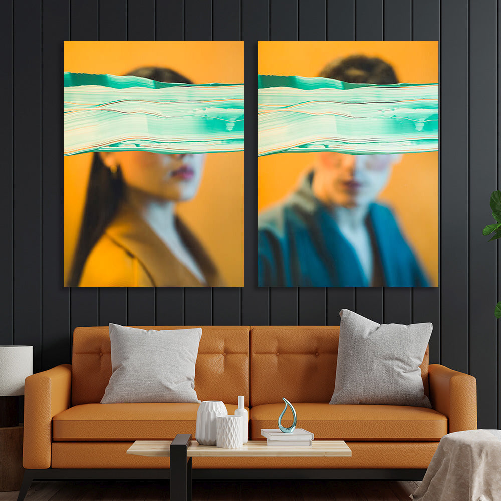 A guy and a girl on a mustard background Multi Panel Canvas Wall Art Print