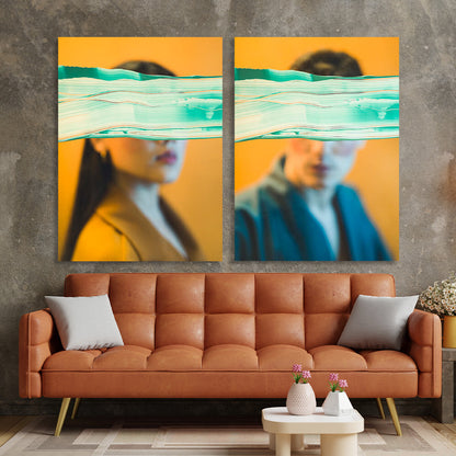 A guy and a girl on a mustard background Multi Panel Canvas Wall Art Print