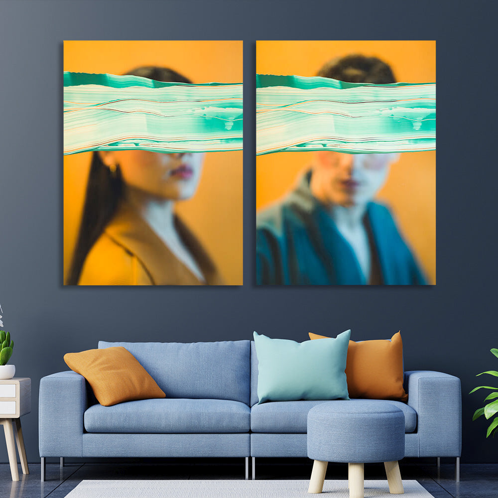 A guy and a girl on a mustard background Multi Panel Canvas Wall Art Print