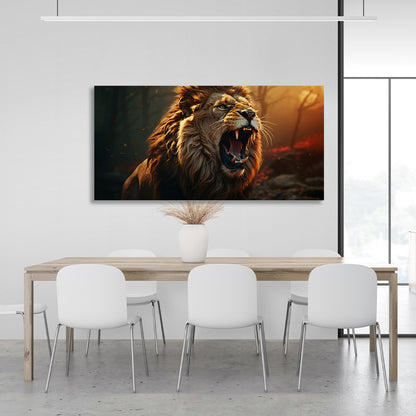 A roaring lion in a burning forest Canvas Wall Art Print