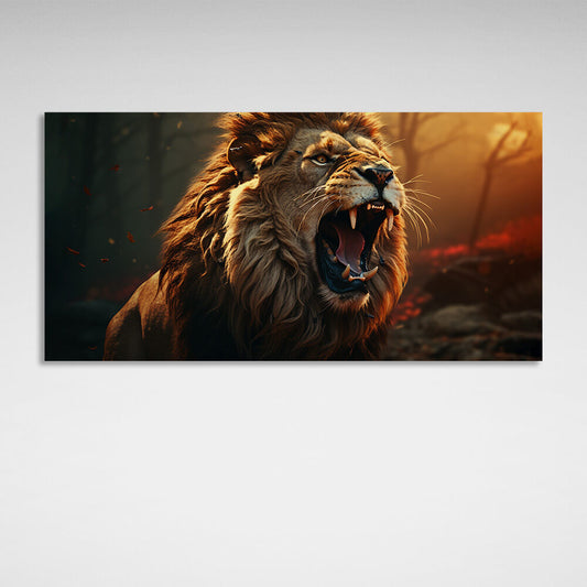 A roaring lion in a burning forest Canvas Wall Art Print