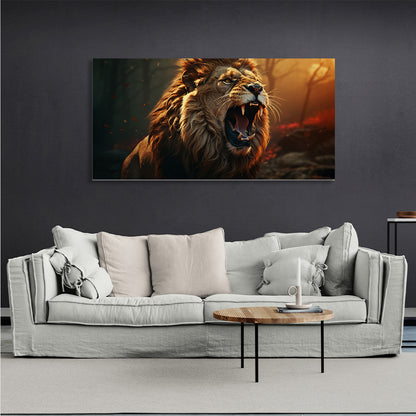 A roaring lion in a burning forest Canvas Wall Art Print