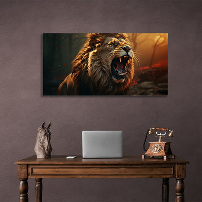 A roaring lion in a burning forest Canvas Wall Art Print