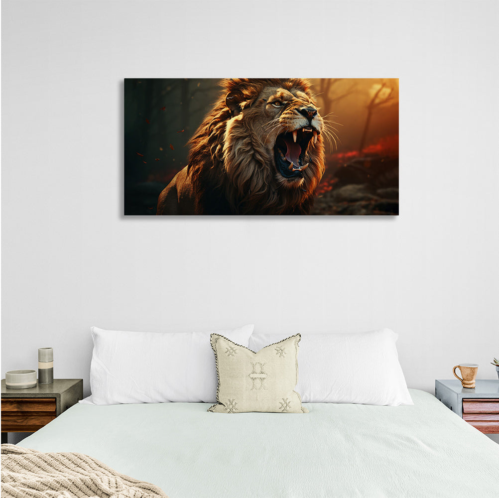 A roaring lion in a burning forest Canvas Wall Art Print