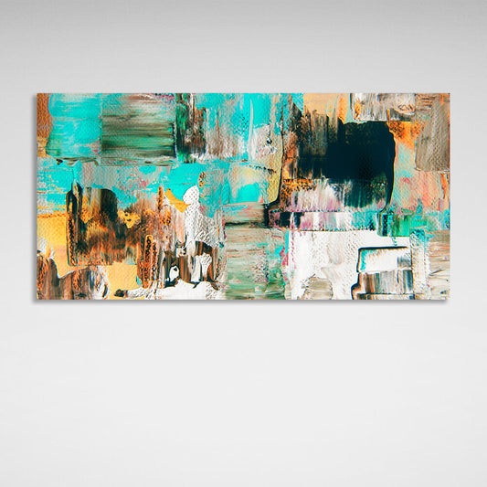 Abstraction horizontal turquoise-ochre paint strokes Abstraction Canvas Wall Art Print