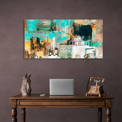 Abstraction horizontal turquoise-ochre paint strokes Abstraction Canvas Wall Art Print