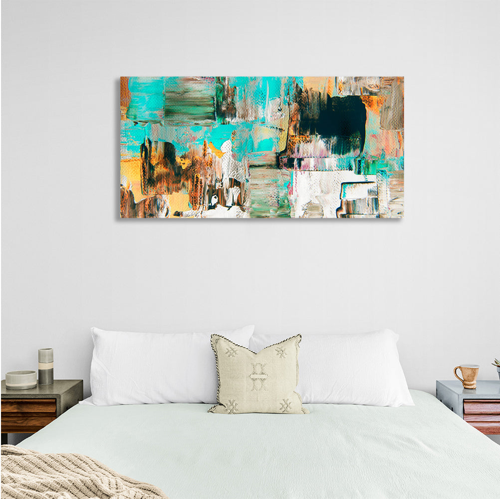 Abstraction horizontal turquoise-ochre paint strokes Abstraction Canvas Wall Art Print