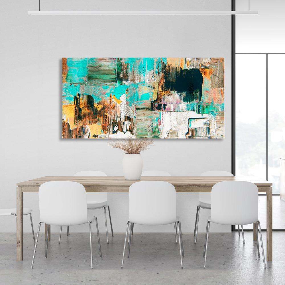 Abstraction horizontal turquoise-ochre paint strokes Abstraction Canvas Wall Art Print