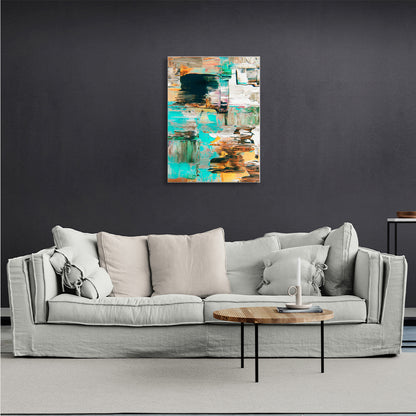 Abstraction vertical turquoise-ochre paint strokes Abstraction Canvas Wall Art Print