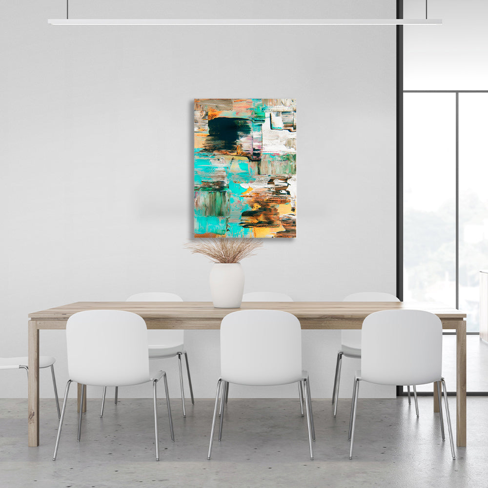 Abstraction vertical turquoise-ochre paint strokes Abstraction Canvas Wall Art Print