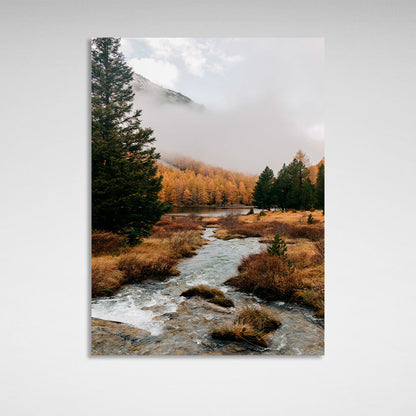 A mountain river in an autumn forest Canvas Wall Art Print